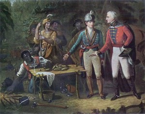 John Blake White's painting titled "General Marion Inviting a British Officer to Share His Meal" features sweet potatoes.